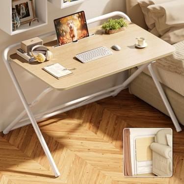 Imagem de Huuger Mesa dobrável com altura ajustável de 3 níveis e compartimento para tablet, mesa de computador dobrável de 81 cm para pequenos espaços, economia de espaço, mesa de trabalho para escritório em