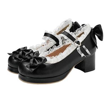 Imagem de LUXMAX Sapatos femininos Kawaii Lolita salto médio Mary Jane Rockabilly com laço, Preto, 5.5