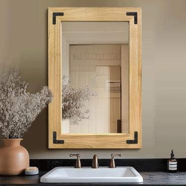 Imagem de Espelho de banheiro para parede com moldura de madeira, espelho de madeira maciça de 91.4 cm x 61.0 cm para casa de fazenda, banheiro, decoração de quarto, pendurar vertical ou horizontal (natural)