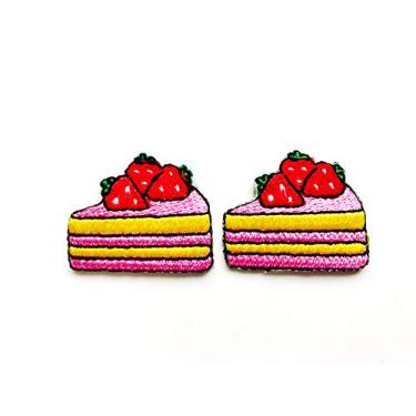 Imagem de TH Conjunto de 2 minúsculos. Mini bolo fofo de fatia de morango costurar ferro em aplique bordado emblema emblema roupa