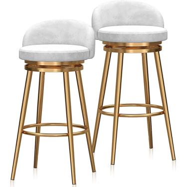 Imagem de Conjunto De 2 Banquetas Giratórias Modernas Estofadas Em Veludo Com Encosto, Apoio Para Os Pés Bancos Redondos Para Casa De Pub, White, Gold