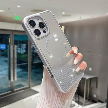 Imagem de Capa espelhada estilosa com estampa de diamante para iPhone 16 Pro Max 15 14 13 12 11 Pro Max com carregamento sem fio e capa magnética, A8, para iPhone 16