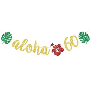 Imagem de Faixa Aloha 60 para decorações tropicais de festa de aniversário de 60 anos, tema tropical havaiano luau para fotos de festa de 60 anos com glitter dourado