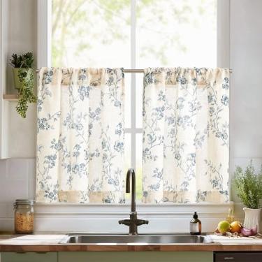 Imagem de jinchan Cortinas florais de cozinha, 76 cm, cortinas de linho para casa de fazenda, café, meia janela, cortinas sobre a pia, filtragem de luz, azul em bege, para sala de estar, lavanderia, trailer