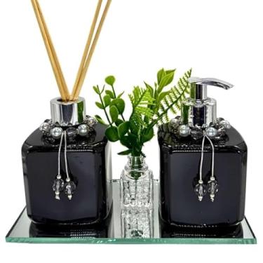 Imagem de Kit Lavabo Plástico LUXO Cubo PRETO Saboneteira e Difusor com Bandeja (PRATA)