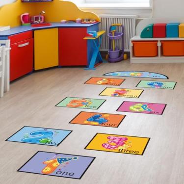 Imagem de Adesivos de piso de treliça numérica, decalques de chão de jogo com números criativos, decalques de parede removíveis de desenho animado de 1 a 10 números para sala de aula, escola, jardim de
