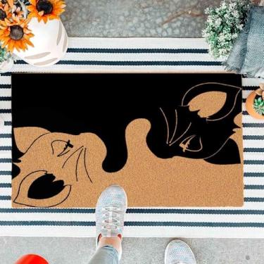 Imagem de Capacho engraçado porta da frente entrada externa tapete marrom presente preto branco gatos com suporte antiderrapante resistente tapetes de boas-vindas varanda durável 75 x 43 cm