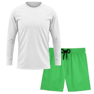 Imagem de Kit Short Praia Academia Passeio Treino Verde + Manga Longa Masculina Segunda Pele Dry-Masculino