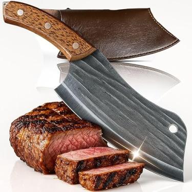 Imagem de Faca Cutelo Artesanal Forjado Manualmente Aço Inox Super Afiado Cabo de Madeira Com Bainha Chef Churrasco Carnes Ossos Vegetais Peixes Camping