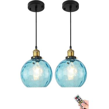 Imagem de Mini Luminária Pendente Operada Por Bateria Com Controle Remoto, Sem Fiação Iluminação Pendente De Vidro Azul, Pequena Luminária De Teto Pendente De Vidro Redondo Para Ilh, 2 Light