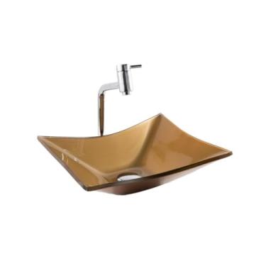Imagem de Kit com Cuba Retangular De Vidro P/Banheiro Lavabo Apoio + Válvula Click + Torneira Link(Bronze)