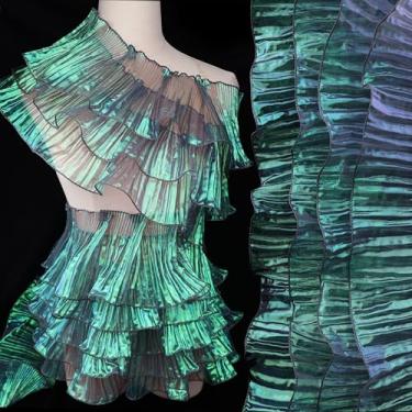 Imagem de Acabamento de renda de chiffon iridescente e acabamento em tecido com babados - Vestido de organza elegante estilo sereia, fita de tentáculos de água-viva brilhante (verde iridescente)
