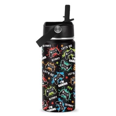 Imagem de ROVOZAR Garrafa de água de jogo – Controlador de jogos 473 ml Garrafa de água de aço inoxidável com canudo – Copo divertido isolado para jogadores para meninos – Copo infantil para jogos para escola