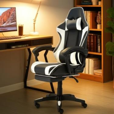 Imagem de Cadeira Gamer Escritorio Ergonômica com Apoio para Pés Encosto Reclinavel Preto e Branco Ajustável