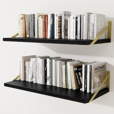 Imagem de Prateleiras de parede profundas 76 cm L x 30 cm P Prateleiras flutuantes de madeira projetada para parede, suporte de metal resistente (ouro) Estantes de livros para decoração de casa, sala de estar