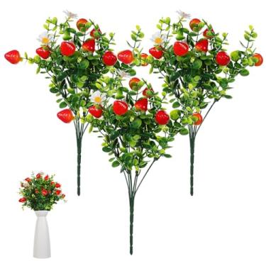 Imagem de TOYANDONA 3 buquê de cachos artificiais de morango: palitos de vegetação falsa com flores de frutas falsas com ramos de morango realistas em tronos para decoração de casa, escritório, casamento e