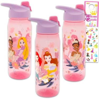 Imagem de Disney Pacote com 3 garrafas de água Princess – Pacote com 3 copos reutilizáveis para casa, escola, esportes, lembrancinhas de festa, mais adesivos, conjunto de garrafas de água de princesa