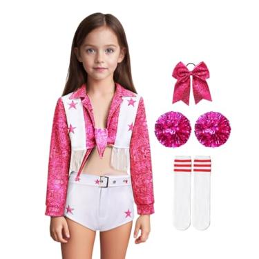 Imagem de Vmyainrt Fantasia de líder de torcida de cowboy para meninas, conjunto de uniforme infantil com estrela azul (vermelho (com acessórios), 12T)