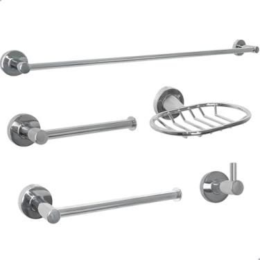 Imagem de Dona D Cor, Kit Banheiro Cromado Completo Metal Inox Toalheiro 60 Cm Saboneteira Porta Toalha Gancho Papeleira