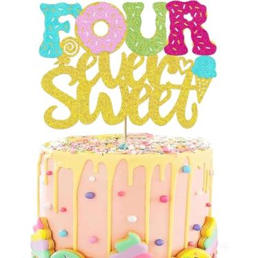 Imagem de Four Ever Sweet Cake Topper - Donut 4th Birthday Decorations for 4 Year Old Girl - Glitter Donut Baby Shower Party Supplies