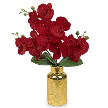 Imagem de Orquídeas vermelhas flores artificiais arranjo de orquídeas artificiais com vaso de vidro dourado toque real veludo Phalaenopsis orquídeas flores orquídeas centro de mesa para sala de jantar