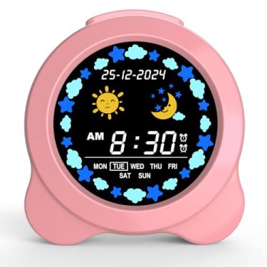Imagem de Despertador infantil, visor LED de sol e lua com dia e data, treinador de sono infantil com luz noturna e sons de sono, lindo relógio de despertar para quarto de crianças, presente de aniversário