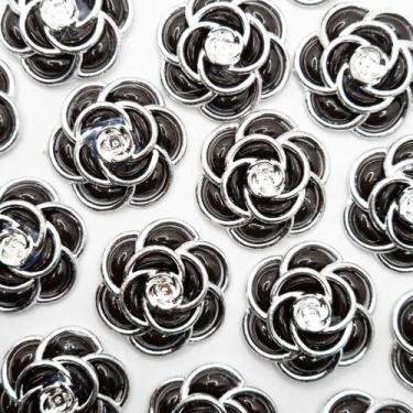 Imagem de Aplique Botão Flor Rosa Resina Preto com Prata 32mm 30pçs 72g - Macall