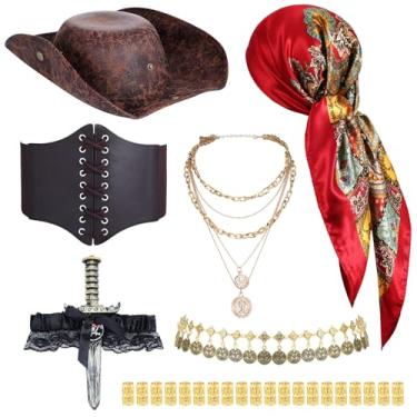 Imagem de Mepase 7 Pcs Halloween Pirate Costume Women Outfit Include Pirate Tricorn Hat Sword with Lace Bow Bandanas Head Scarf Medieval Corset Necklace Jewelry Dreadlock Clips Vintage Halloween Cosplay Favor
