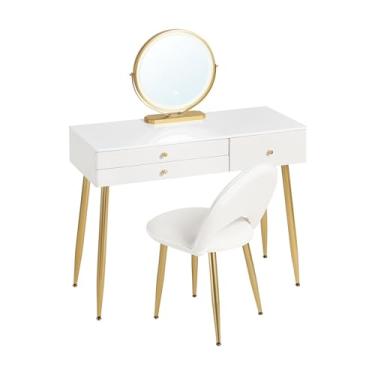 Imagem de YAYAOVP-24927 Vanity Desk 1 conjunto de penteadeira de maquiagem com espelho de LED ajustável, 3 gavetas e banco de veludo para quarto de penteadeira (branco)