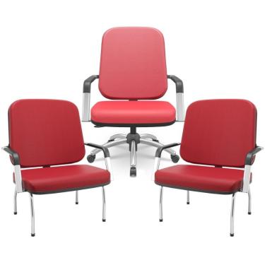Imagem de Kit Cadeira De Escritório Giratória E 2 Cadeiras Fixas Cromada Magno P03 Vinil Vermelho - Lyam Decor