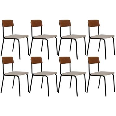 Imagem de Kit 08 Cadeiras Estofada Para Sala De Jantar Sense Preto C01 Linho Palha Courino Caramelo - Lyam Decor