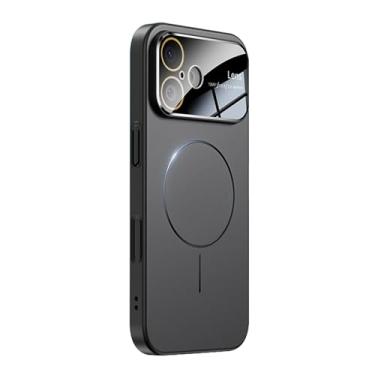 Imagem de Omio Capa magnética para iPhone compatível com MagSafe, protetor de lente de câmera de vidro embutido, visor de logotipo de janela grande, proteção contra quedas de grau militar, capa fosca para