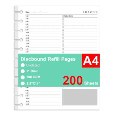 Imagem de (Pacote com 2) Recargas de planejador diário sem data tamanho carta, papel A4 para sistema TUL, 11 inserções de planejador de discos, total de 200 folhas/400 páginas, pautado para faculdade, 21 x 28