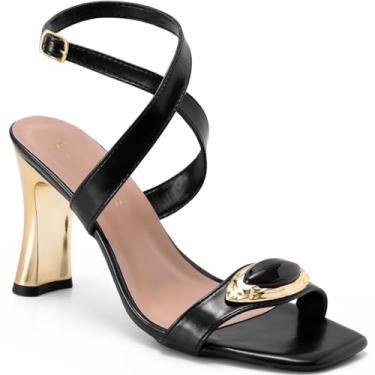 Imagem de Sandália Feminina Lumiss Salto Alto Bloco Metalizado Dourado Enfeite Pedra Blogueira preto35