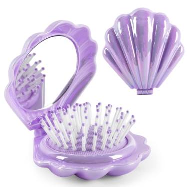 Imagem de Maji Mama Escovas de cabelo dobráveis de viagem com acabamento metálico brilhante, em forma de concha espelhada, portátil, dobrável, mini escova de cabelo, bolsa para pente de cabelo, tamanho compacto