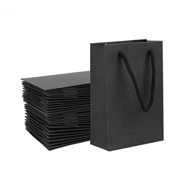 Imagem de Sacos de presente, sacos de papel Deesoo Kraft em massa, pacote com 50 unidades de 5,1 x 2,4 x 7,5 polegadas, pequenos sacos de papel kraft com alças de algodão, bolsa de papel reciclado para festas, compras, casamentos, preto