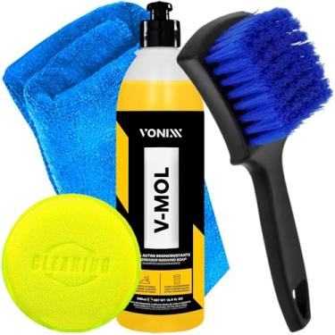 Imagem de Kit Automotivo Para Limpeza Escova Limpa Pneus Carpetes Shampoo V-Mol Vonixx Toalha Microfibra Aplicador Karbox
