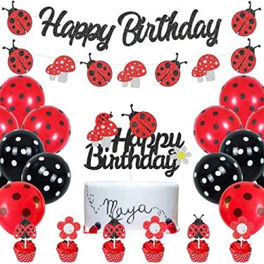 Imagem de CODOMOR Ladybug Birthday Party Decorations set with Ladybird Happy Birthday Banner, Ladybeetle Cake Topper , Black Red Latex Balloon, Ladybug Theme Bday Party Supplies
