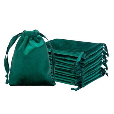 Imagem de QIANF 12 peças de sacos de veludo verde caçador com cordão de 7,6 x 10 cm, pequenos sacos de presente de tecido de veludo, bolsas de joias para armazenamento de joias, festa de casamento, lembrancinha