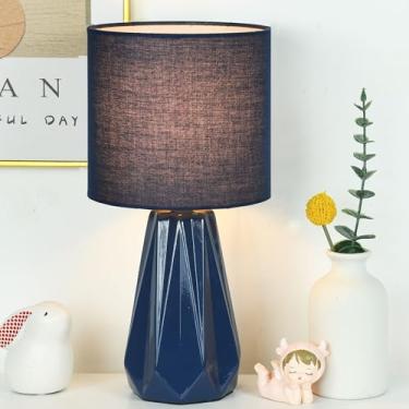Imagem de Lampwell Elisa Candeeiro de mesa pequeno azul marinho para sala de estar como luminária de mesa de cabeceira para quarto, luminária de mesa noturna infantil de cerâmica moderna, Φ16,1 × A 30,4 cm