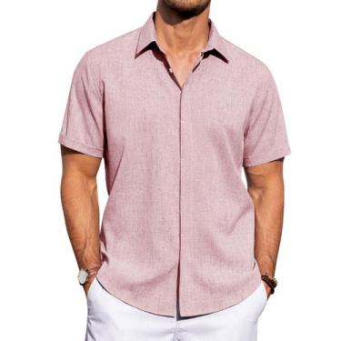 Imagem de Camisa masculina J.VER de linho e algodão, manga curta, rosa, tamanho 