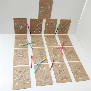 Imagem de Brinquedo Educativo Montessoriano, Stencil de Animais Africanos em MDF, Marrom Natural, 10 x 14 cm, 17 Placas com Desenhos, para Crianças 3 Anos+, Desenvolvimento Motor