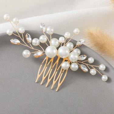 Imagem de Pente de cabelo Latious Wedding Pearl Gold Strass Bridal T-Gold