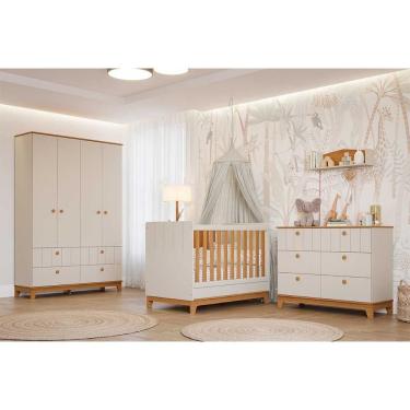 Imagem de Quarto Infantil Completo Biscoito 3 Peças (guarda Roupa+berço+cômoda) Qi106 Off White/nature - Permóbili Baby