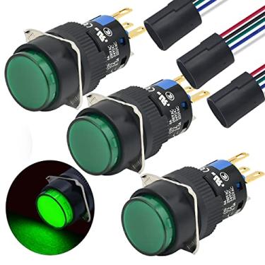 Imagem de Interruptor de botão de travamento de 16 mm, tampa redonda mantida 1NO 1NC SPDT ON/OFF com luz LED 12V à prova d'água 5 Amp com fio listado UL 3 peças K16-371 (verde, trava)