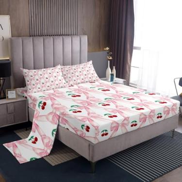 Imagem de Erosebridal Jogo de cama casal com laço kawaii fofo com laço kawaii, para crianças, adolescentes, mulheres, rosa, conjunto de lençol com laço geométrico, 4 peças