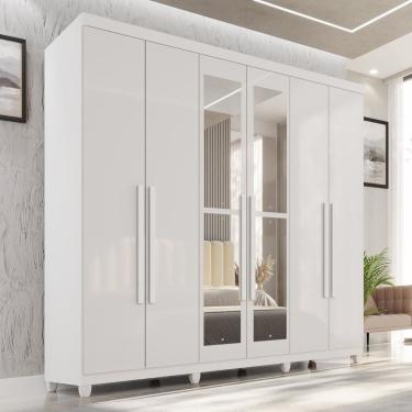 Imagem de Guarda-roupa Casal com Espelho 6 Portas 2 Gavetas com Pés 100% Mdf Nápoles Yescasa Branco Neve