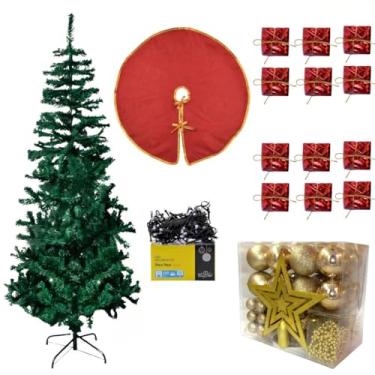 Imagem de Conjunto Natalino 59 Pçs, Árvore de Natal 150cm 420 Galhos, Kit Decoração e Enfeites, Saia P/Base, Pisca-pisca 100 LEDs, Bolas, Presentes, Festão (Dourado)