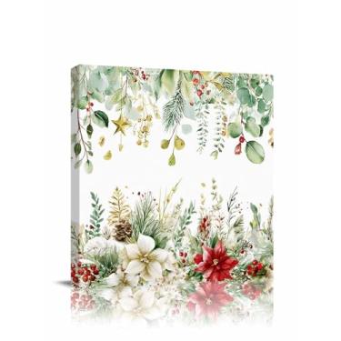 Imagem de Arte de parede em tela de poinsétia de Natal - Folhas verdes de eucalipto, flores vermelhas, estrelas douradas, plantas - Decoração de parede moderna, envoltórios em tela, impressão giclée, esticada e