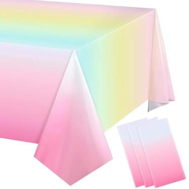 Imagem de Pacote com 3 toalhas de mesa de plástico arco-íris pastel 137 x 272 cm, decorações de festa, descartáveis, retangulares, toalhas de mesa arco-íris para aniversário, casamento, piquenique, festa